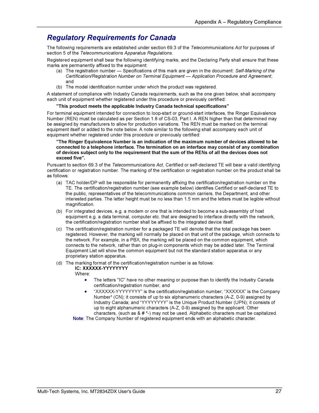 Multi-Tech Systems MT2834ZDX manual Regulatory Requirements for Canada 