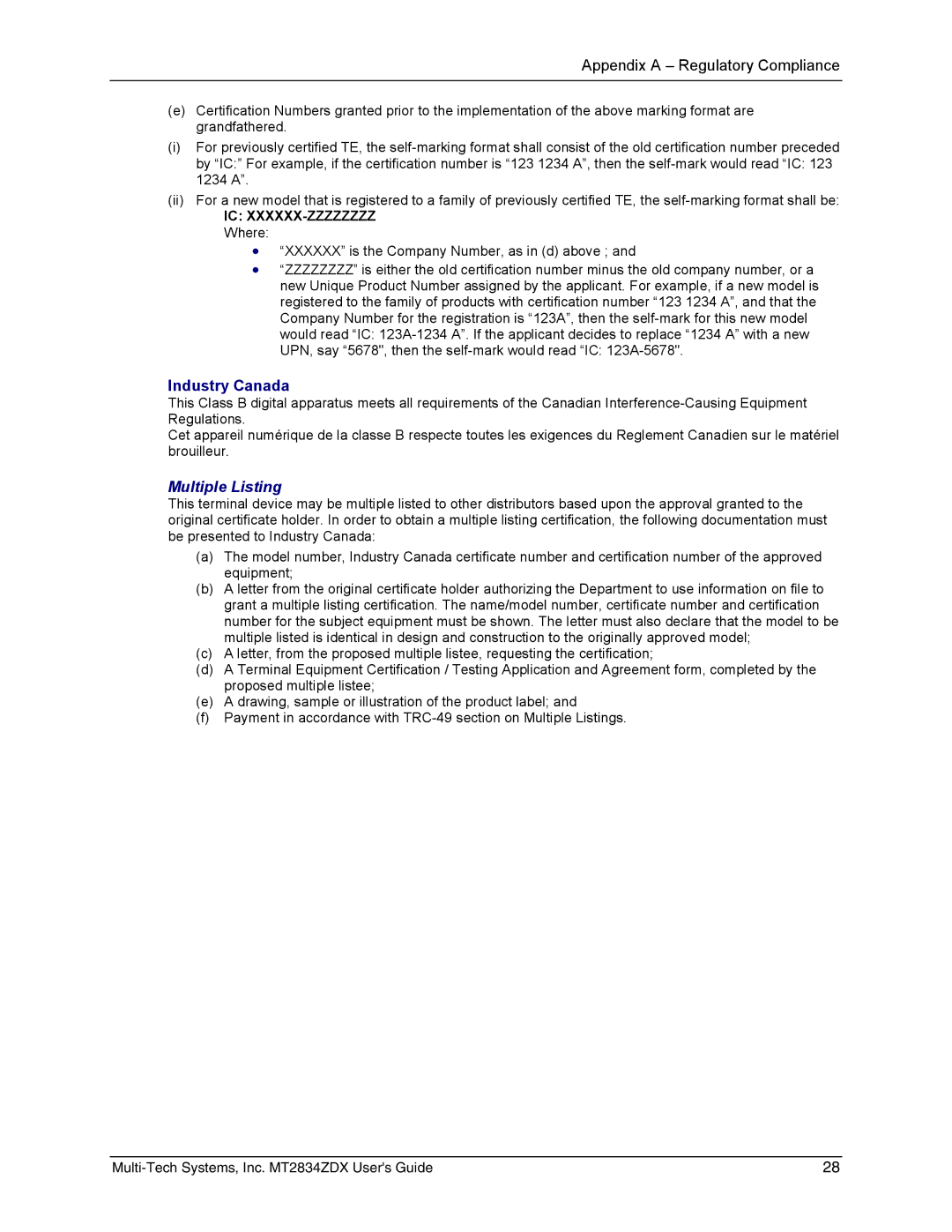 Multi-Tech Systems MT2834ZDX manual Industry Canada, IC XXXXXX-ZZZZZZZZ Where 