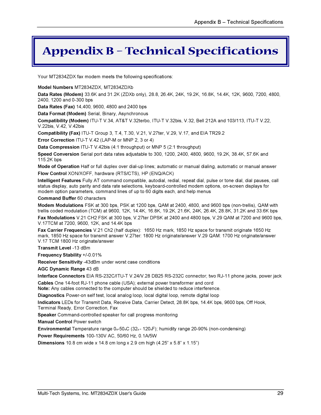 Multi-Tech Systems MT2834ZDX Appendix B Technical Specifications, Command Buffer 60 characters, AGC Dynamic Range 43 dB 