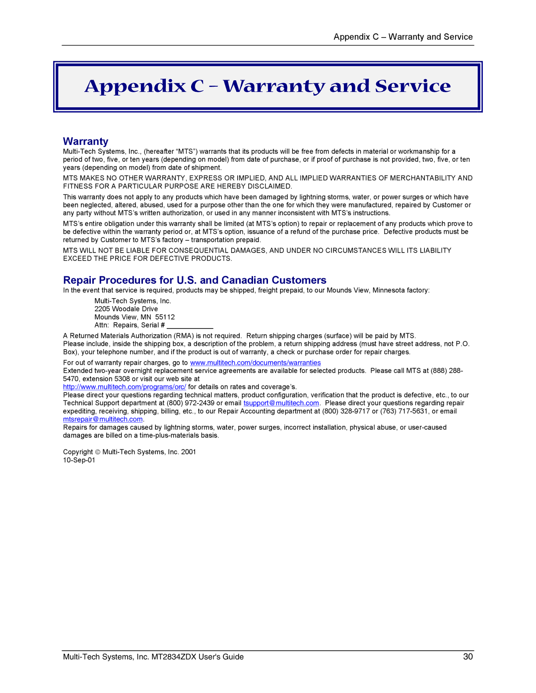 Multi-Tech Systems MT2834ZDX manual Appendix C Warranty and Service 