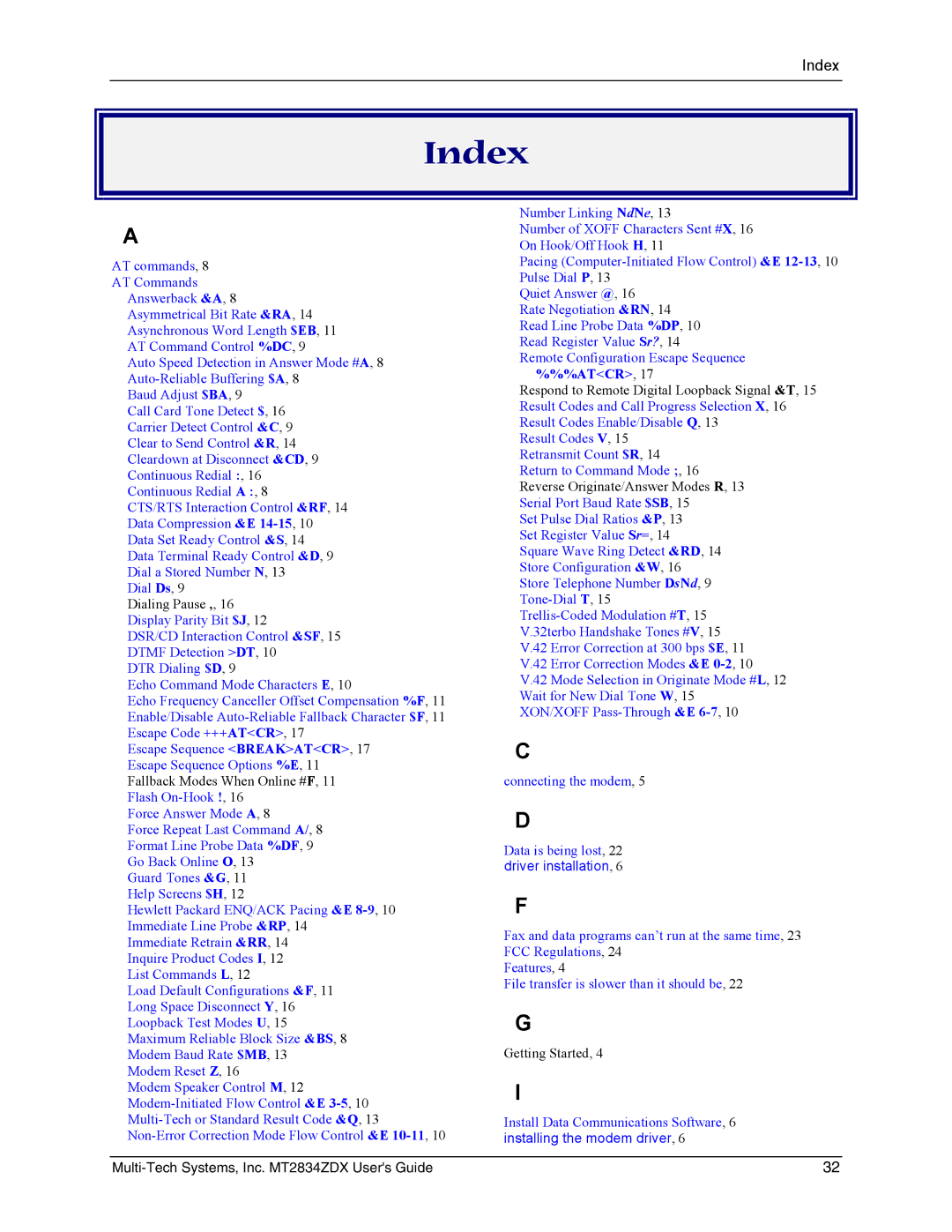 Multi-Tech Systems MT2834ZDX manual Index, Atcr 