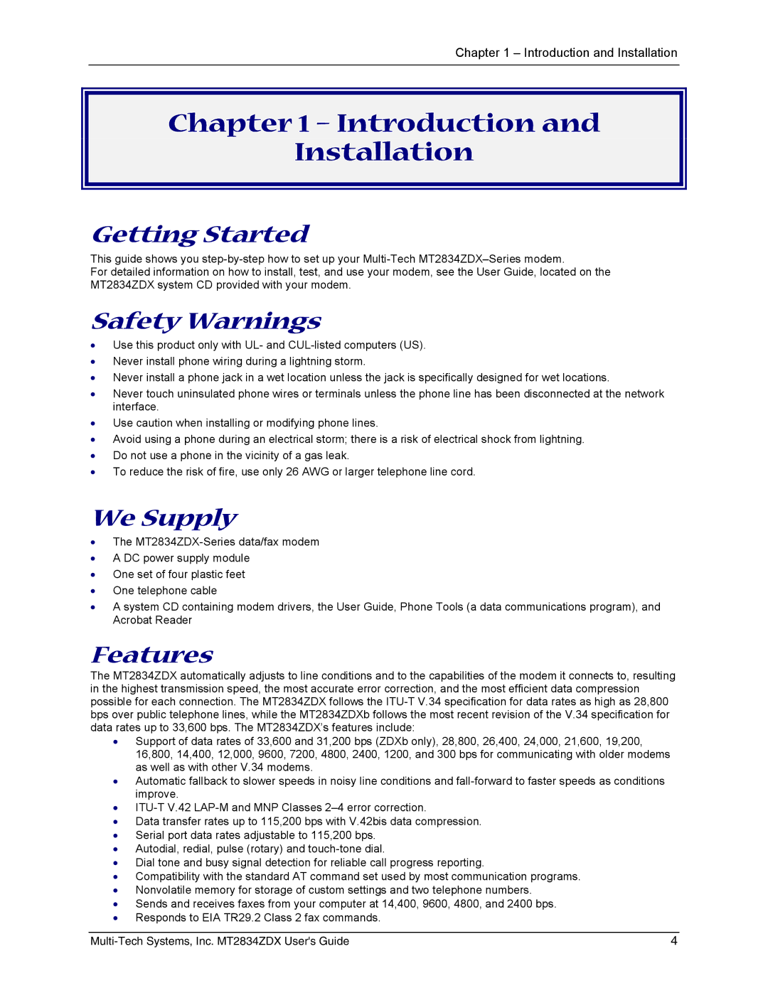 Multi-Tech Systems MT2834ZDX manual Introduction Installation, Getting Started, Safety Warnings, We Supply, Features 