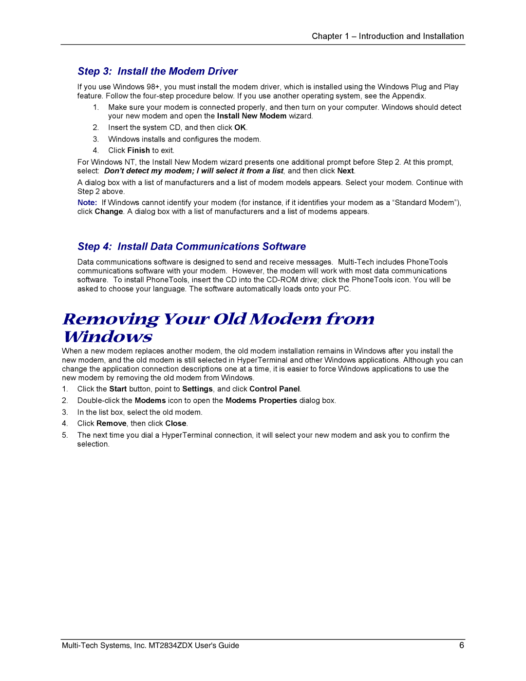 Multi-Tech Systems MT2834ZDX manual Removing Your Old Modem from Windows, Install the Modem Driver 