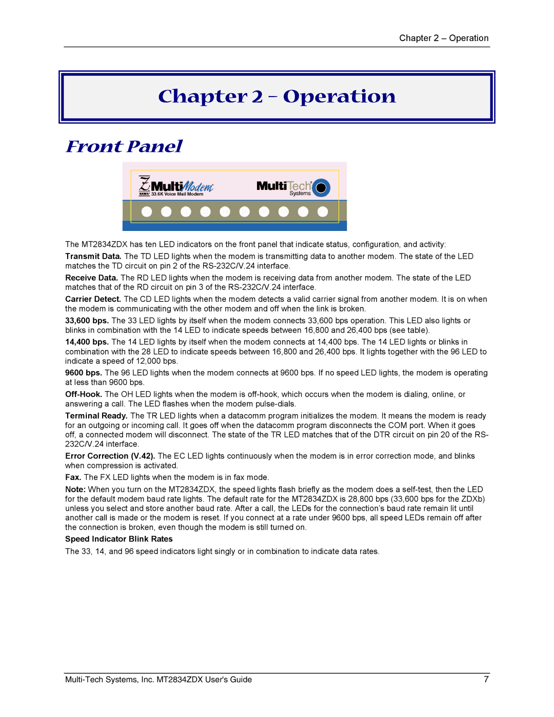 Multi-Tech Systems MT2834ZDX manual Operation, Front Panel, Speed Indicator Blink Rates 