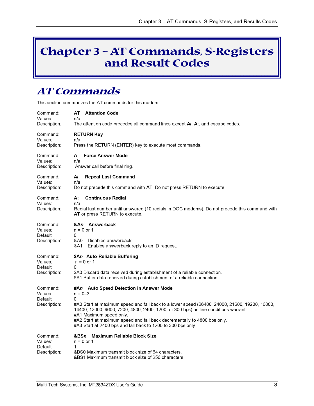 Multi-Tech Systems MT2834ZDX manual AT Commands, S-Registers Result Codes 