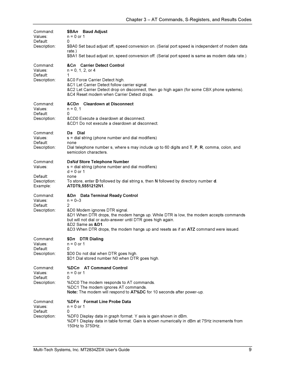 Multi-Tech Systems MT2834ZDX manual $BAn Baud Adjust, Carrier Detect Control, CDn Cleardown at Disconnect, Ds Dial 