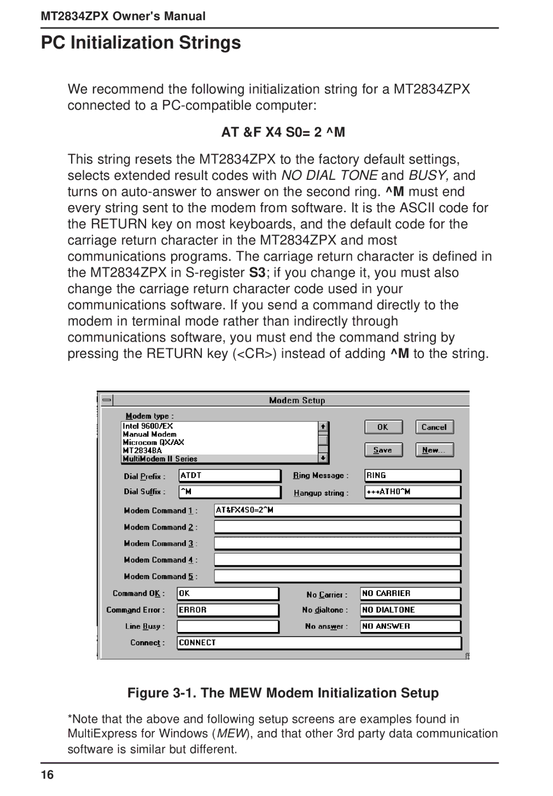 Multi-Tech Systems MT2834ZPX owner manual PC Initialization Strings, AT &F X4 S0= 2 M 