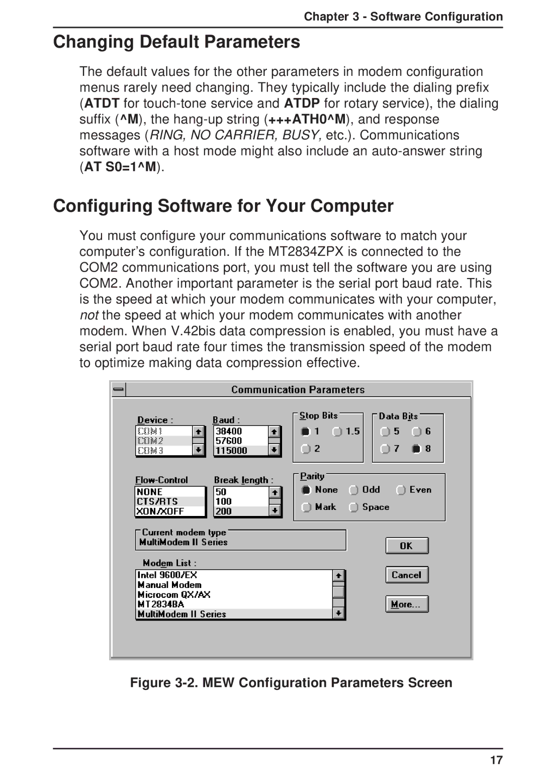 Multi-Tech Systems MT2834ZPX owner manual Changing Default Parameters, Configuring Software for Your Computer 