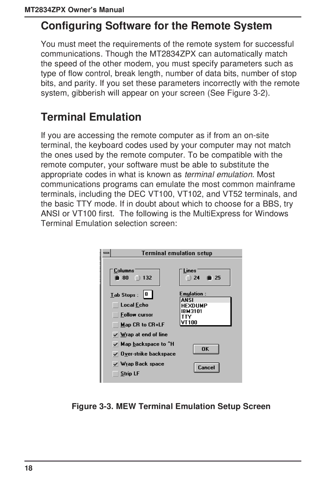 Multi-Tech Systems MT2834ZPX owner manual Configuring Software for the Remote System, Terminal Emulation 