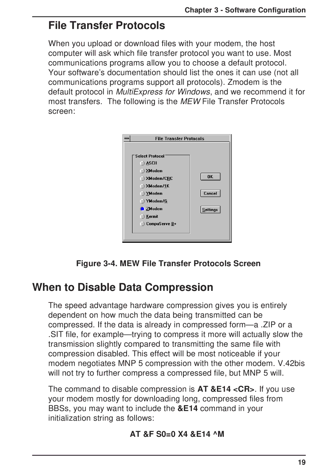 Multi-Tech Systems MT2834ZPX owner manual File Transfer Protocols, When to Disable Data Compression, AT &F S0=0 X4 &E14 M 