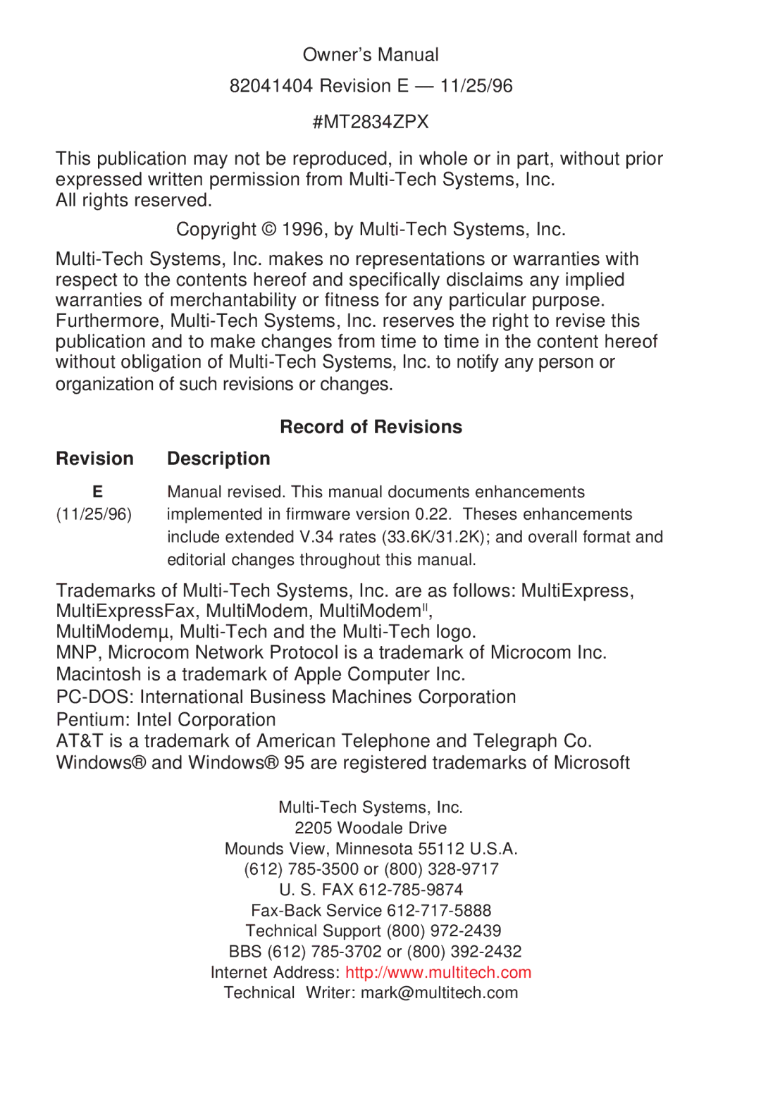 Multi-Tech Systems MT2834ZPX owner manual Record of Revisions Revision Description 