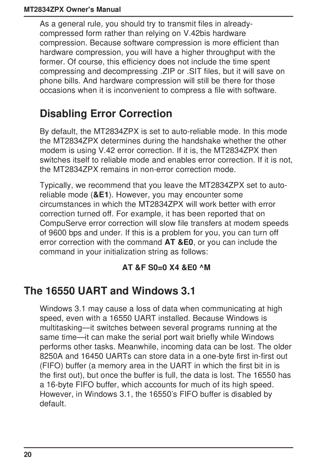 Multi-Tech Systems MT2834ZPX owner manual Disabling Error Correction, Uart and Windows, AT &F S0=0 X4 &E0 M 