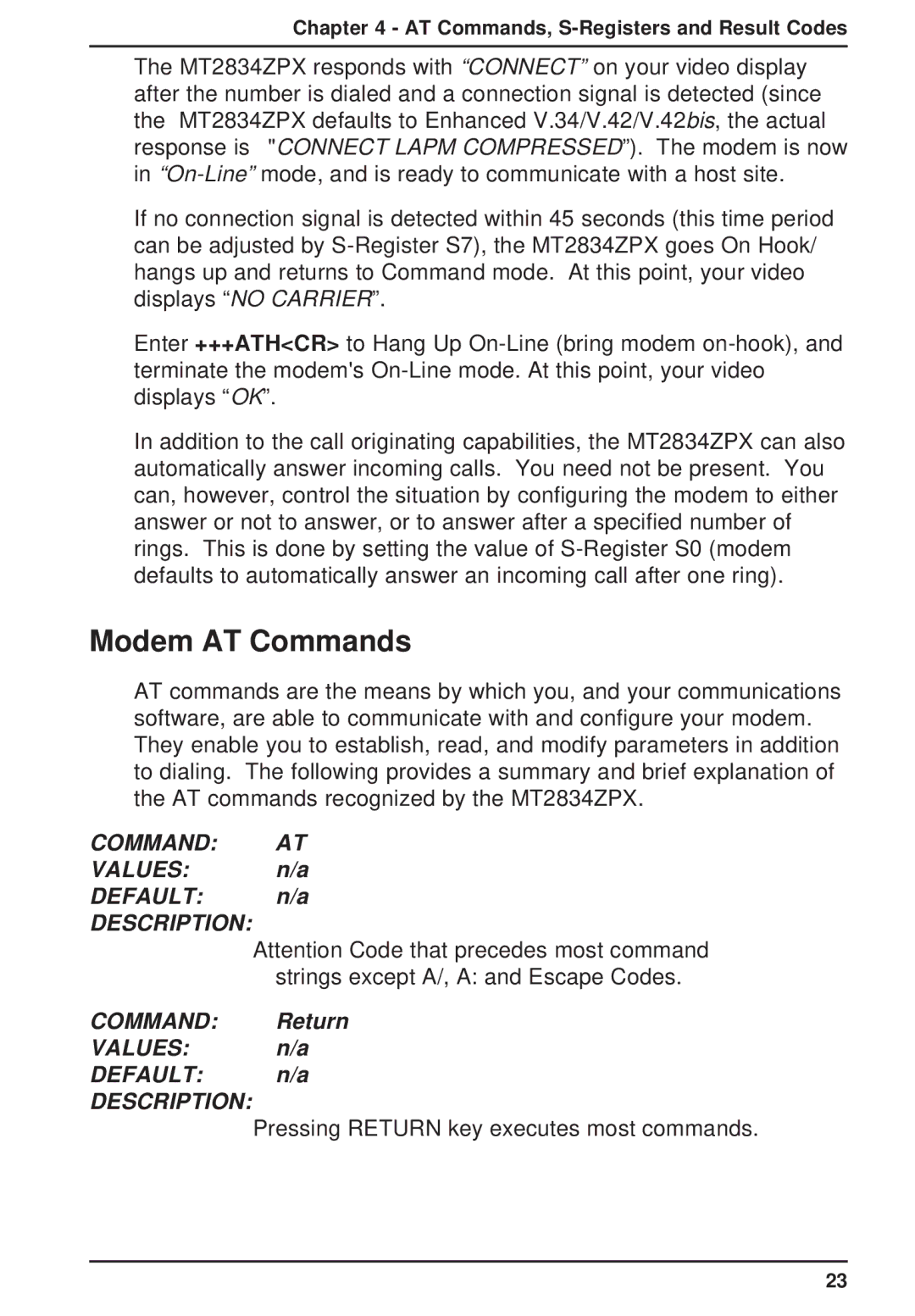 Multi-Tech Systems MT2834ZPX owner manual Modem AT Commands 