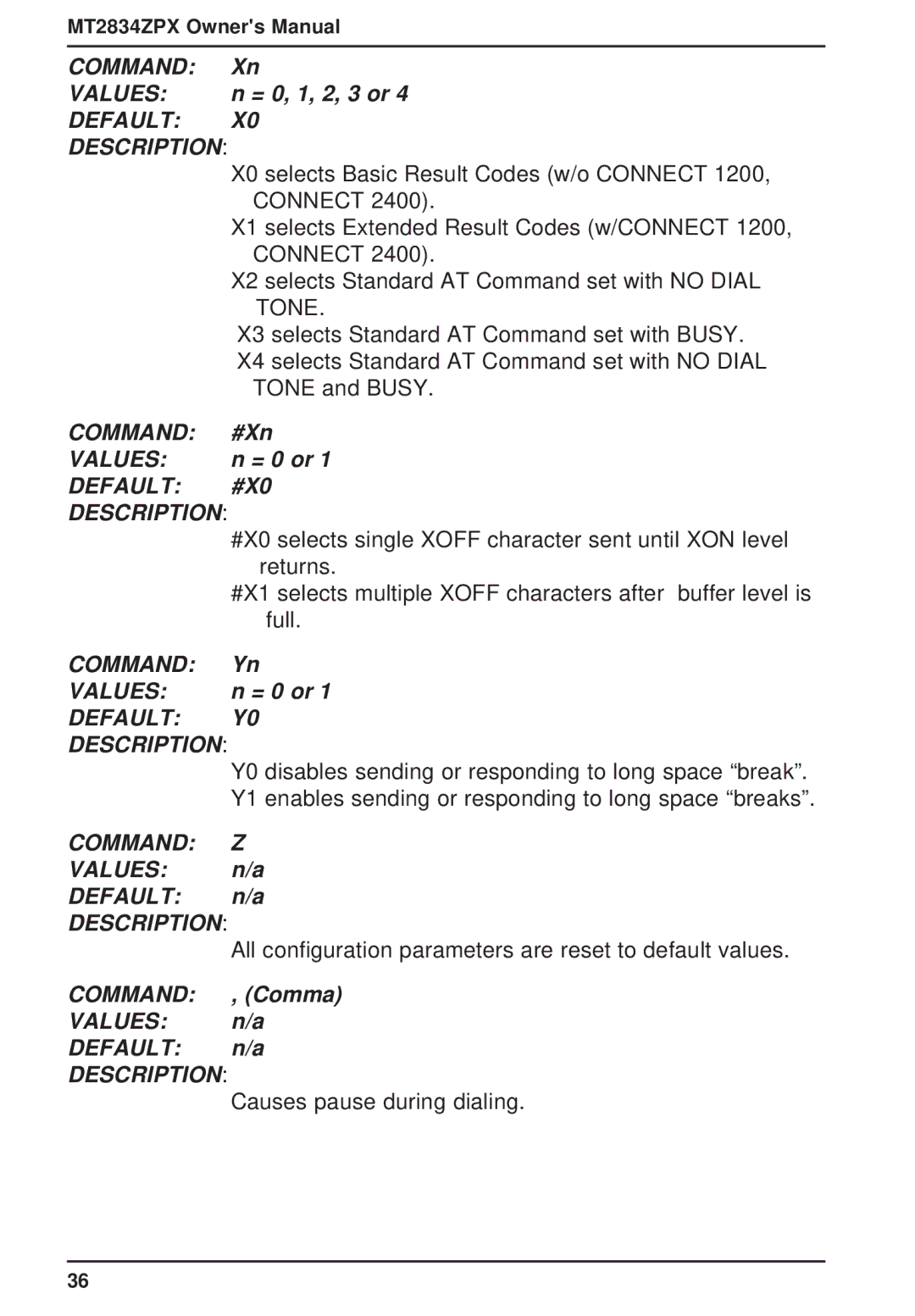 Multi-Tech Systems MT2834ZPX owner manual Values Default Description 