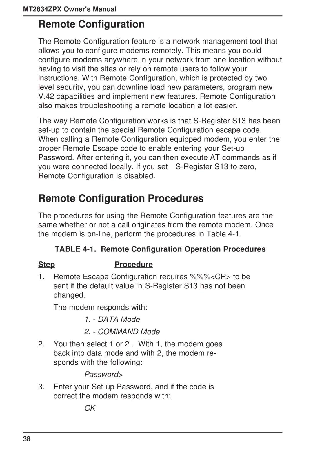 Multi-Tech Systems MT2834ZPX Remote Configuration Procedures, Remote Configuration Operation Procedures StepProcedure 