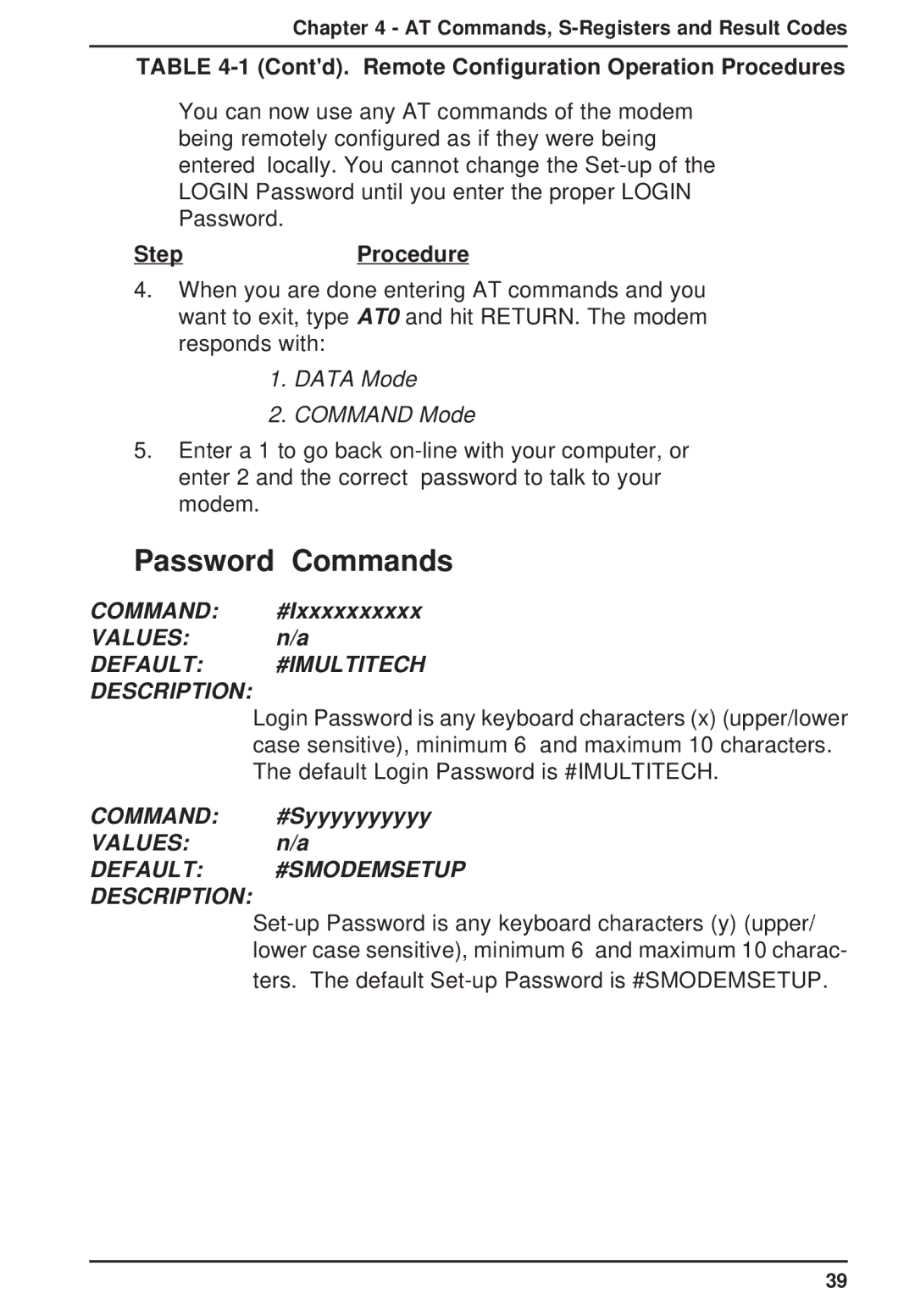 Multi-Tech Systems MT2834ZPX owner manual Password Commands, Contd. Remote Configuration Operation Procedures 