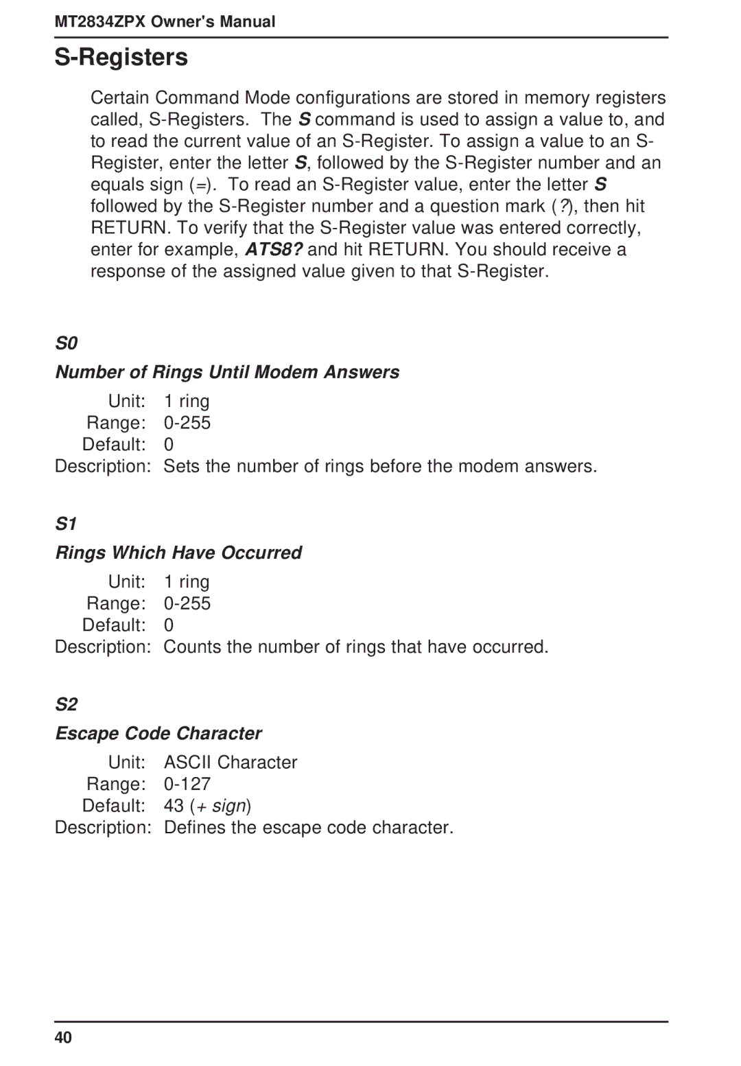 Multi-Tech Systems MT2834ZPX owner manual Registers, Escape Code Character 