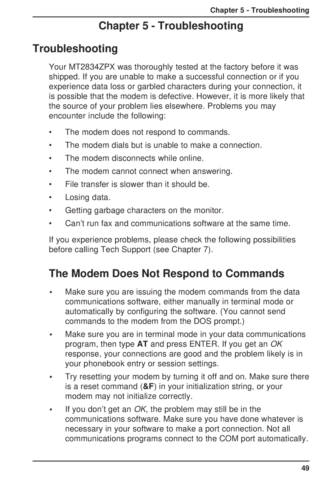 Multi-Tech Systems MT2834ZPX owner manual Troubleshooting, Modem Does Not Respond to Commands 