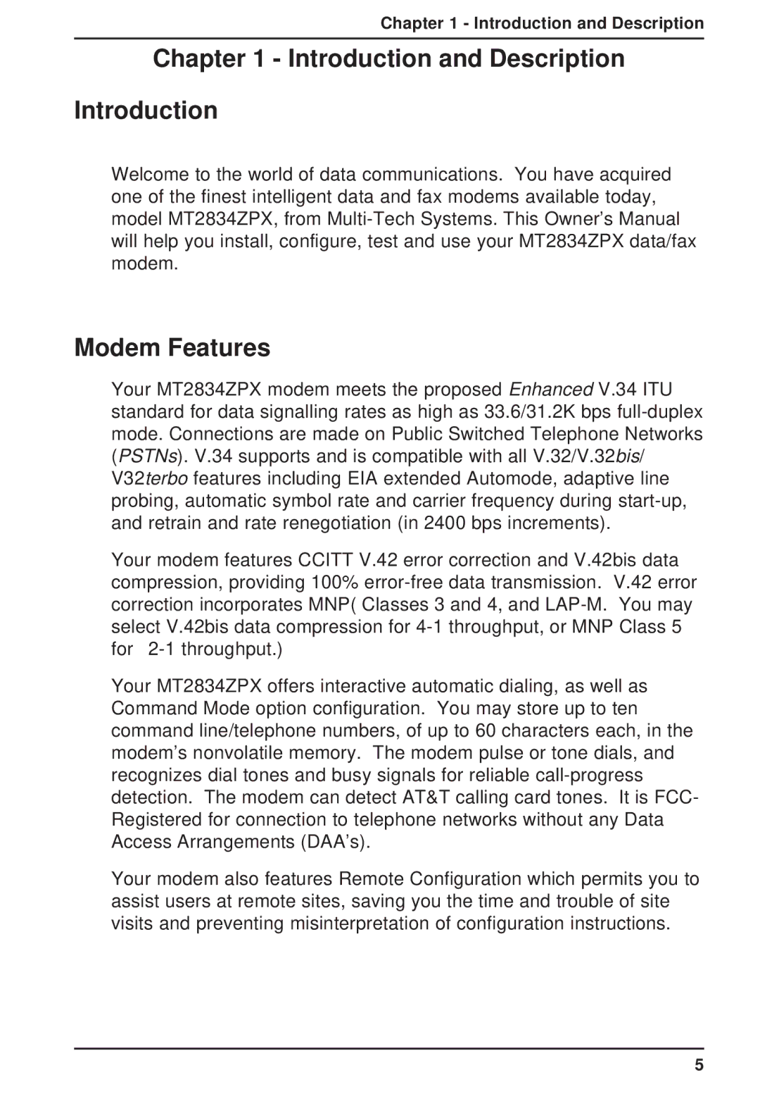 Multi-Tech Systems MT2834ZPX owner manual Introduction and Description Modem Features 