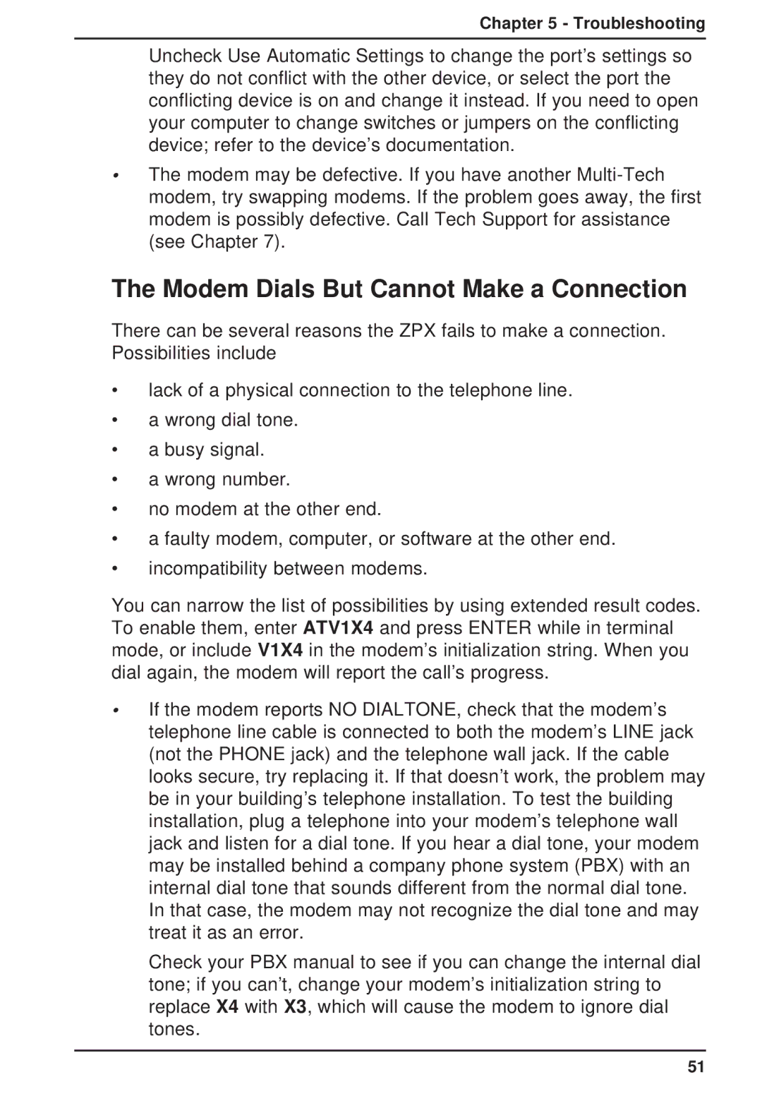 Multi-Tech Systems MT2834ZPX owner manual Modem Dials But Cannot Make a Connection 