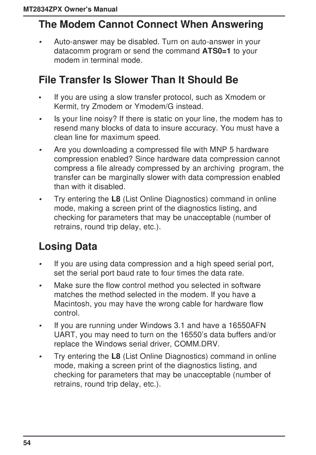 Multi-Tech Systems MT2834ZPX Modem Cannot Connect When Answering, File Transfer Is Slower Than It Should Be, Losing Data 