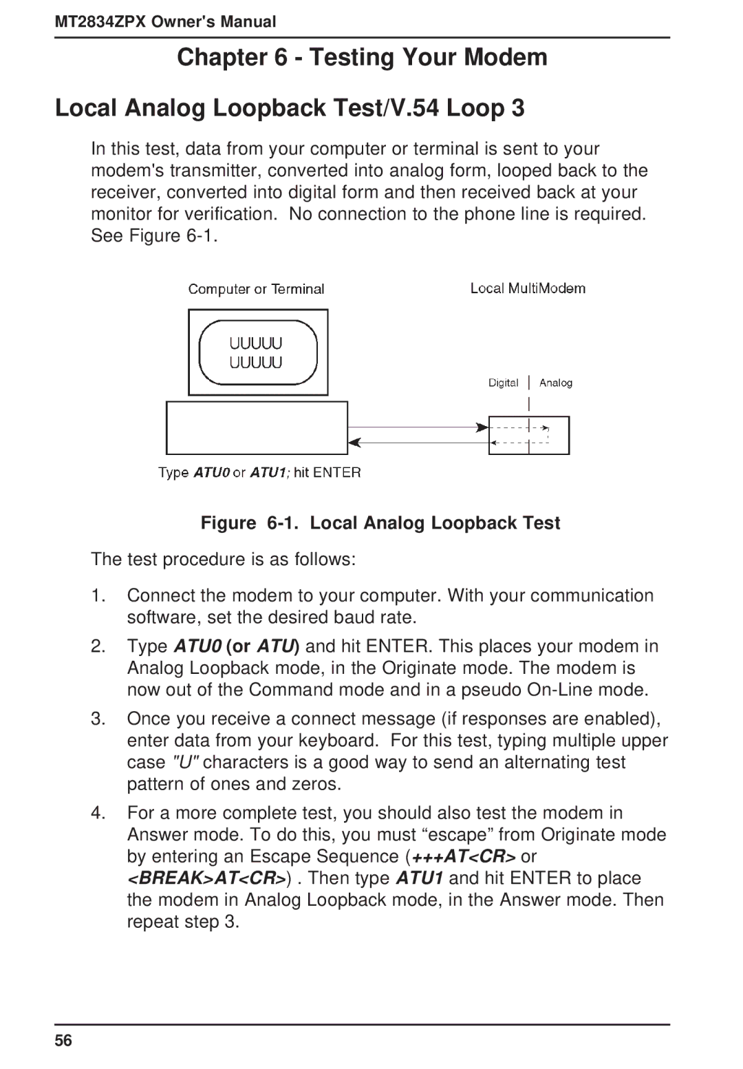 Multi-Tech Systems MT2834ZPX owner manual Testing Your Modem Local Analog Loopback Test/V.54 Loop 