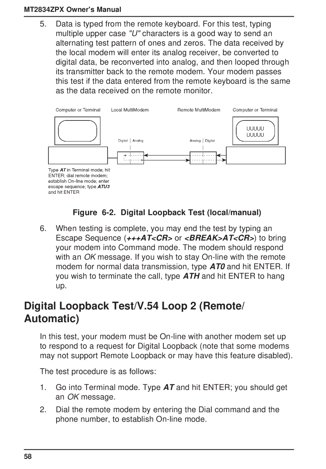 Multi-Tech Systems MT2834ZPX Digital Loopback Test/V.54 Loop 2 Remote/ Automatic, Digital Loopback Test local/manual 