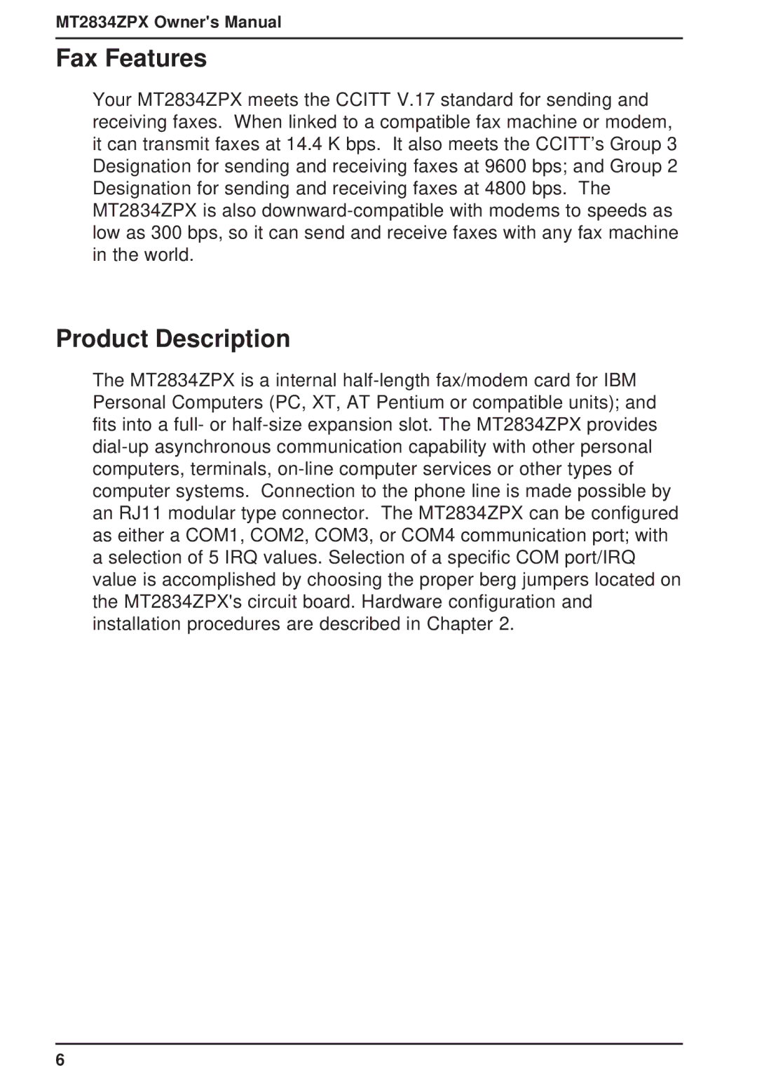 Multi-Tech Systems MT2834ZPX owner manual Fax Features, Product Description 