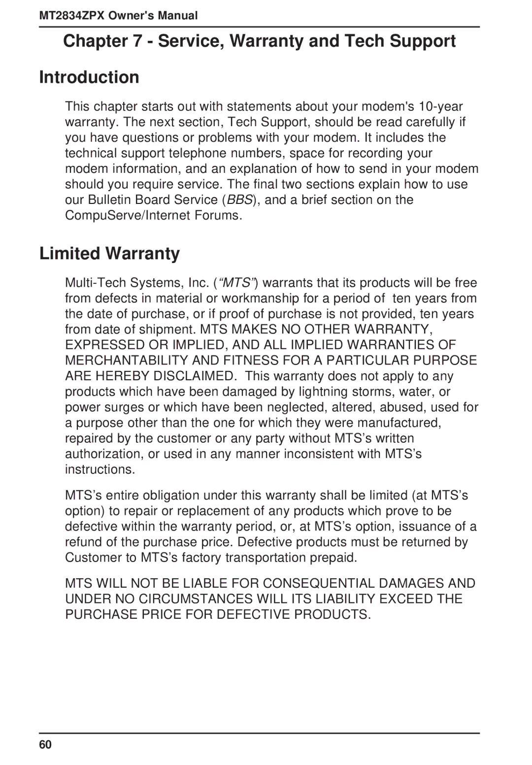 Multi-Tech Systems MT2834ZPX owner manual Service, Warranty and Tech Support Introduction, Limited Warranty 