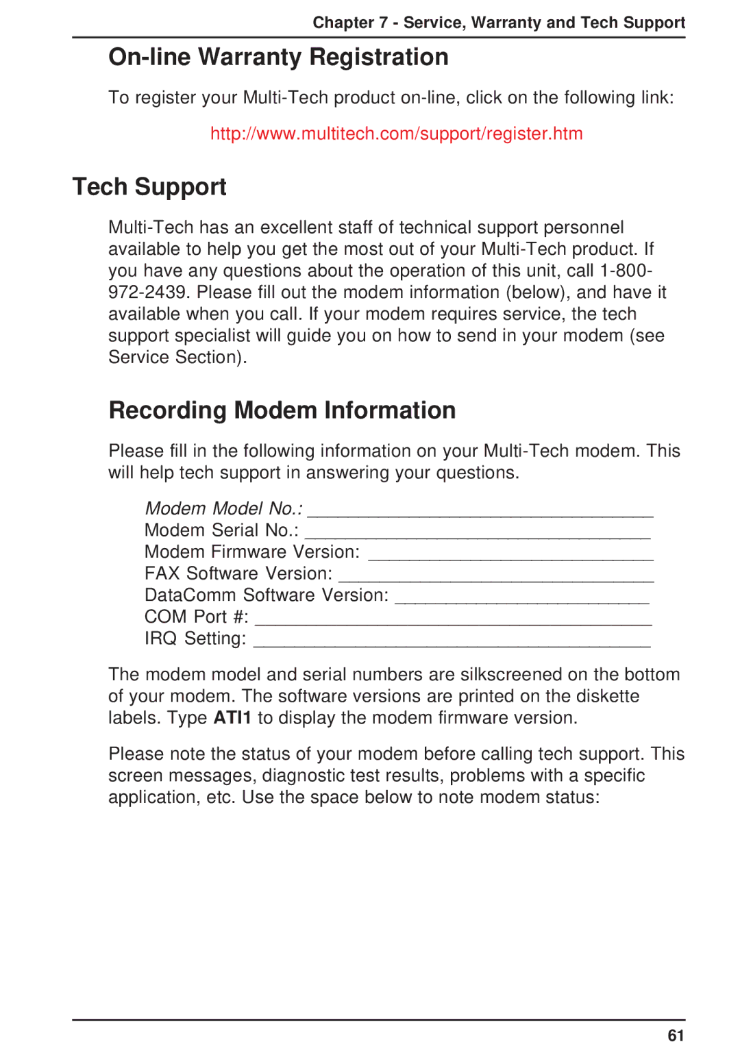 Multi-Tech Systems MT2834ZPX owner manual On-line Warranty Registration, Tech Support, Recording Modem Information 