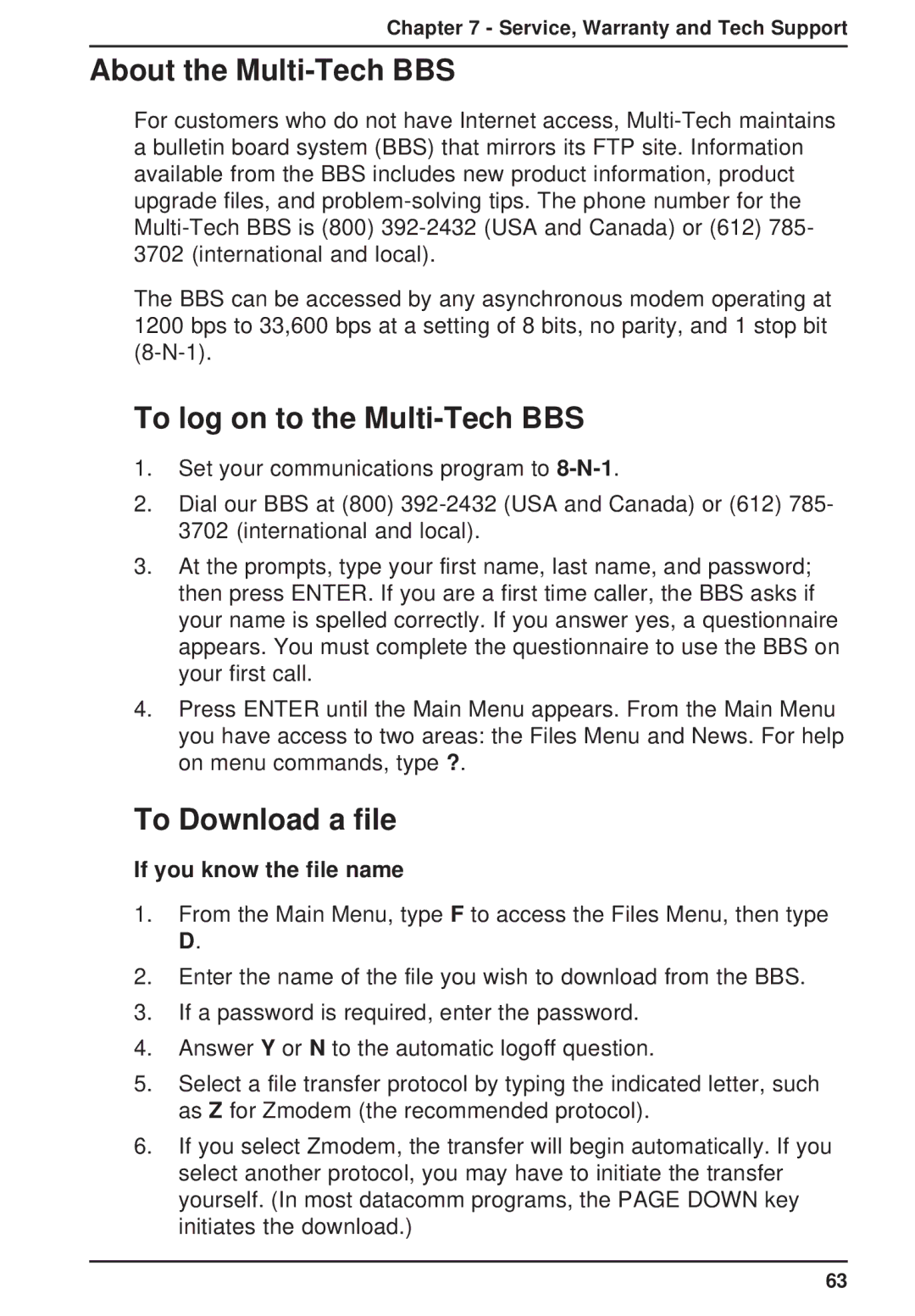 Multi-Tech Systems MT2834ZPX owner manual About the Multi-Tech BBS, To log on to the Multi-Tech BBS, To Download a file 