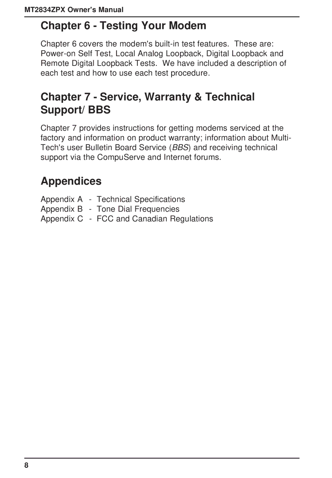 Multi-Tech Systems MT2834ZPX owner manual Testing Your Modem, Service, Warranty & Technical Support/ BBS, Appendices 