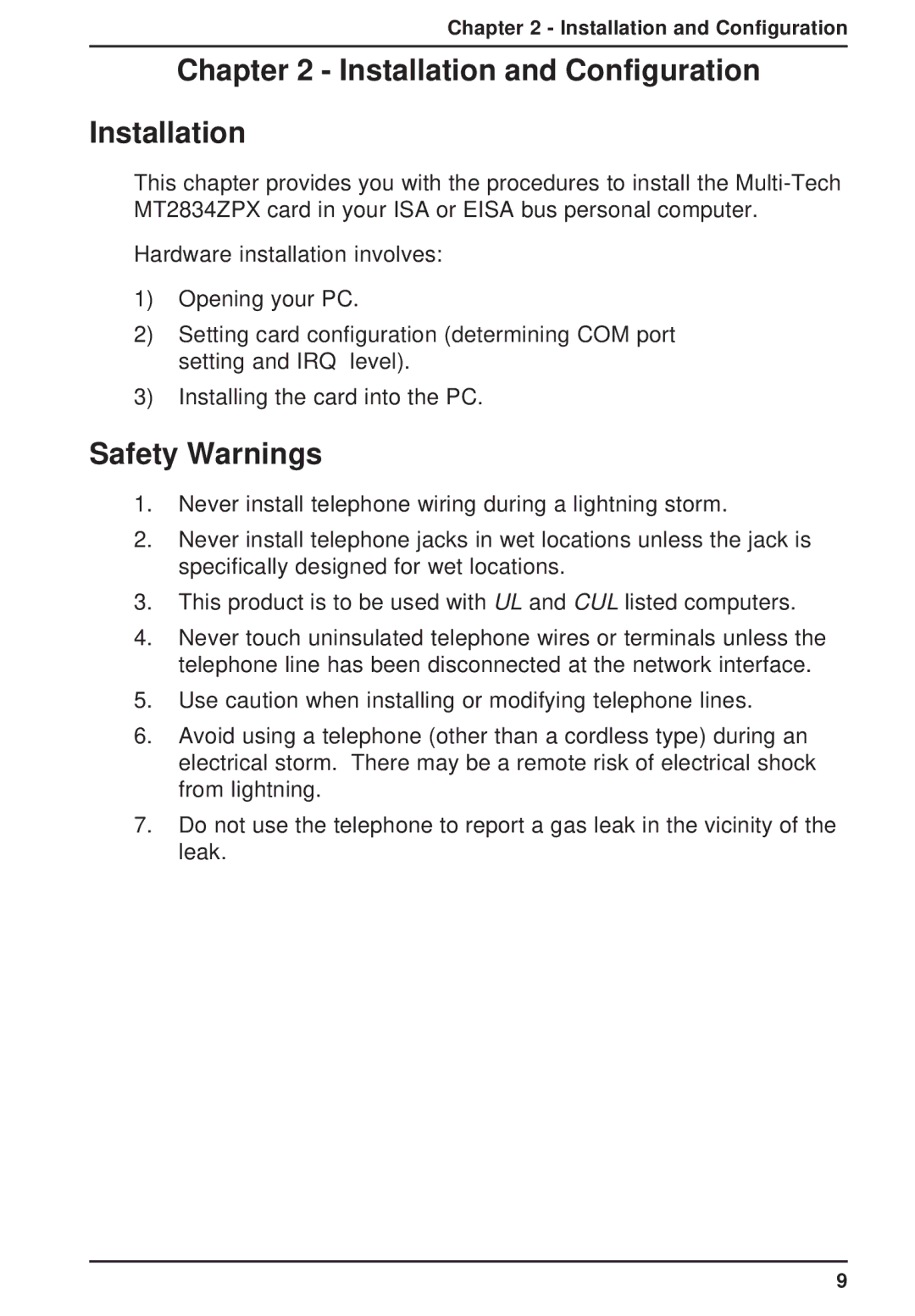 Multi-Tech Systems MT2834ZPX owner manual Installation and Configuration, Safety Warnings 