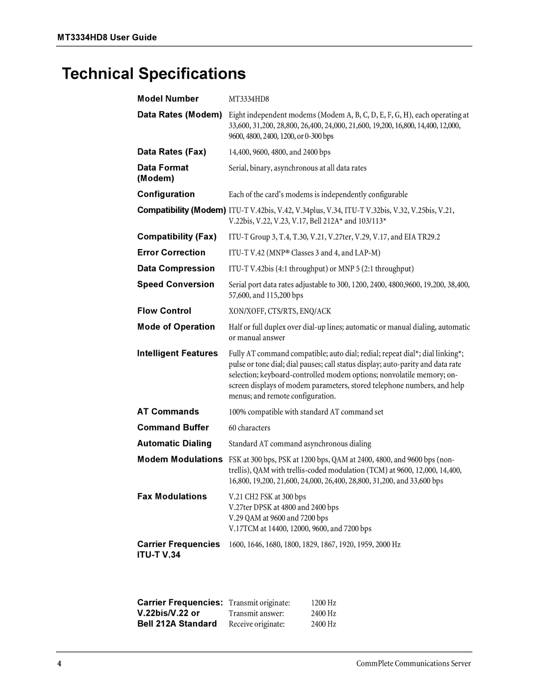 Multi-Tech Systems MT3334HD8 manual Technical Specifications, Data Rates Modem 