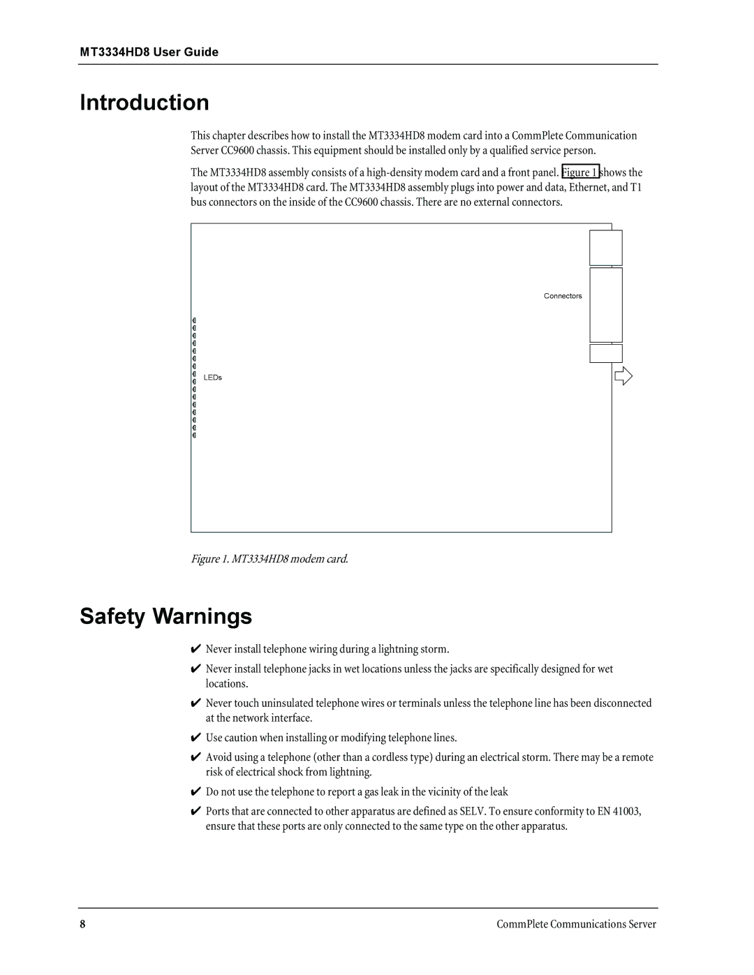 Multi-Tech Systems manual Safety Warnings, MT3334HD8 modem card 