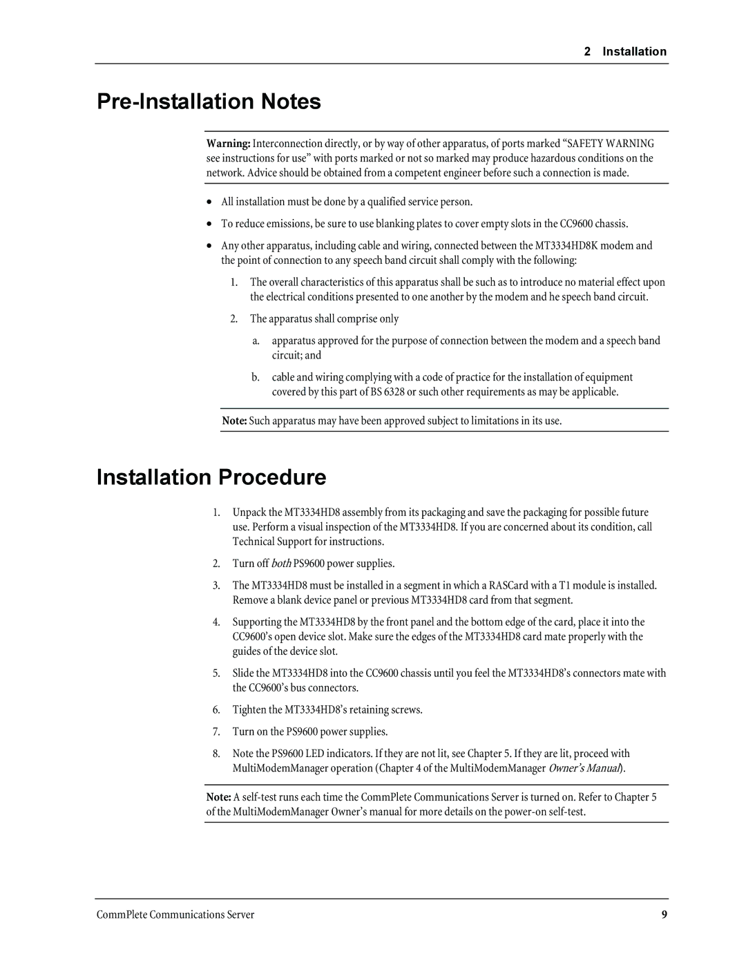 Multi-Tech Systems MT3334HD8 manual Pre-Installation Notes, Installation Procedure 