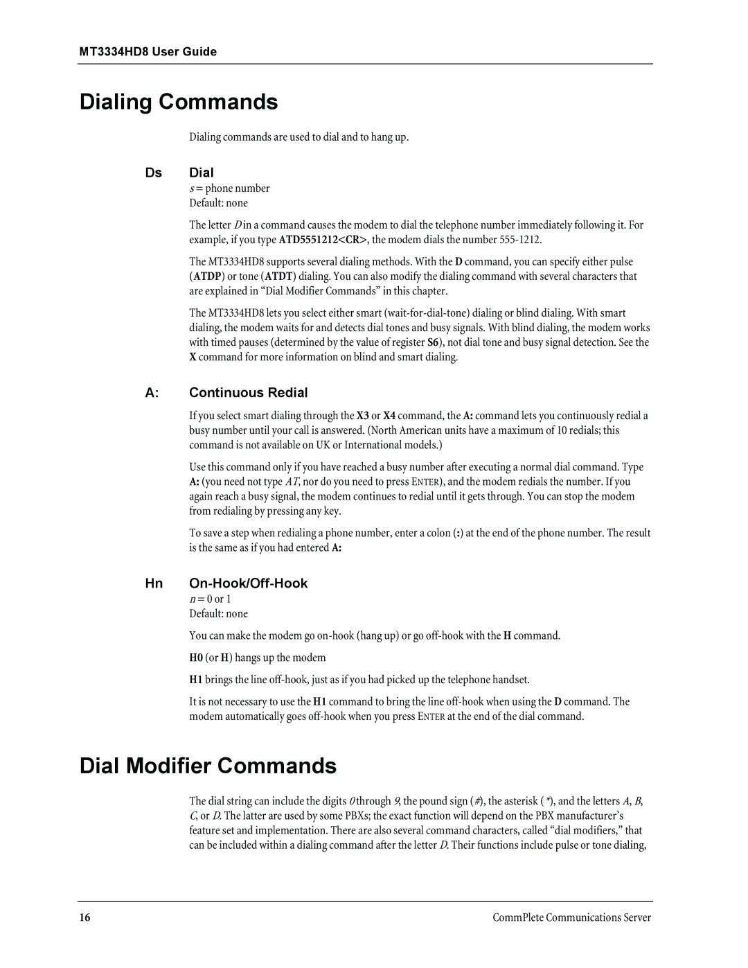 Multi-Tech Systems MT3334HD8 Dialing Commands, Dial Modifier Commands, Ds Dial, Continuous Redial, Hn On-Hook/Off-Hook 