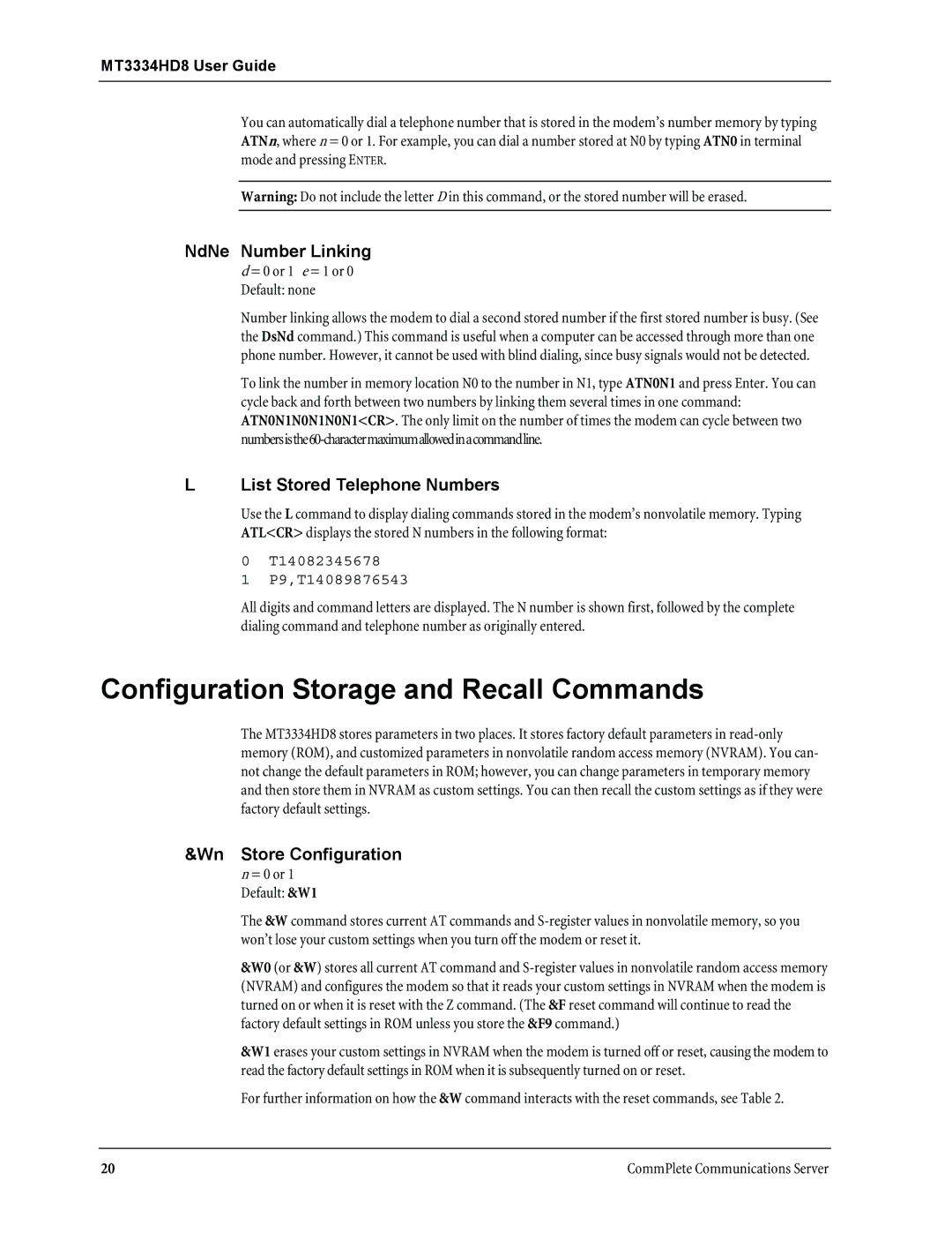 Multi-Tech Systems MT3334HD8 Configuration Storage and Recall Commands, NdNe Number Linking, List Stored Telephone Numbers 