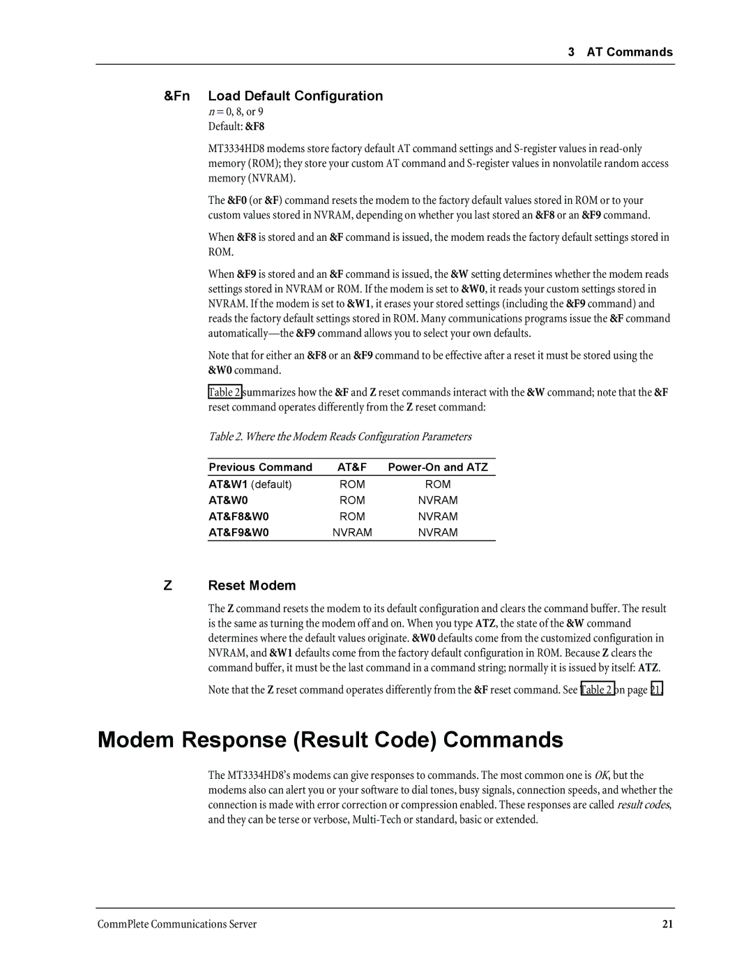 Multi-Tech Systems MT3334HD8 manual Modem Response Result Code Commands, Fn Load Default Configuration, Reset Modem 