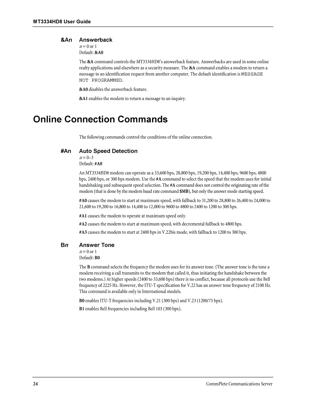 Multi-Tech Systems MT3334HD8 manual Online Connection Commands, An Answerback, #An Auto Speed Detection, Bn Answer Tone 