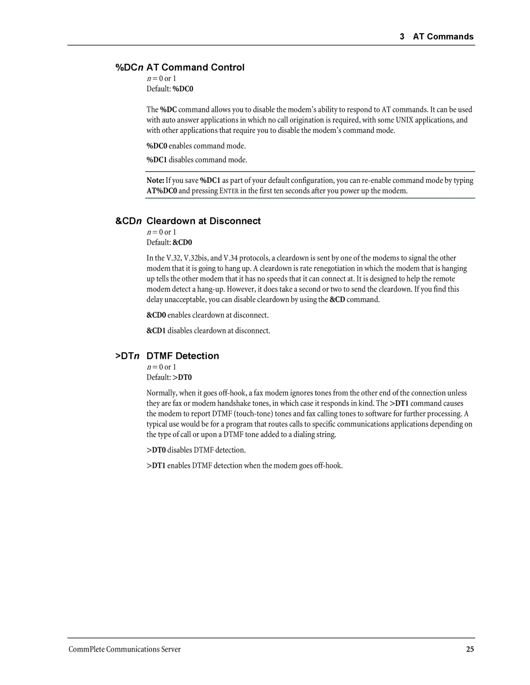 Multi-Tech Systems MT3334HD8 manual DCn AT Command Control, CDn Cleardown at Disconnect, DTn Dtmf Detection 