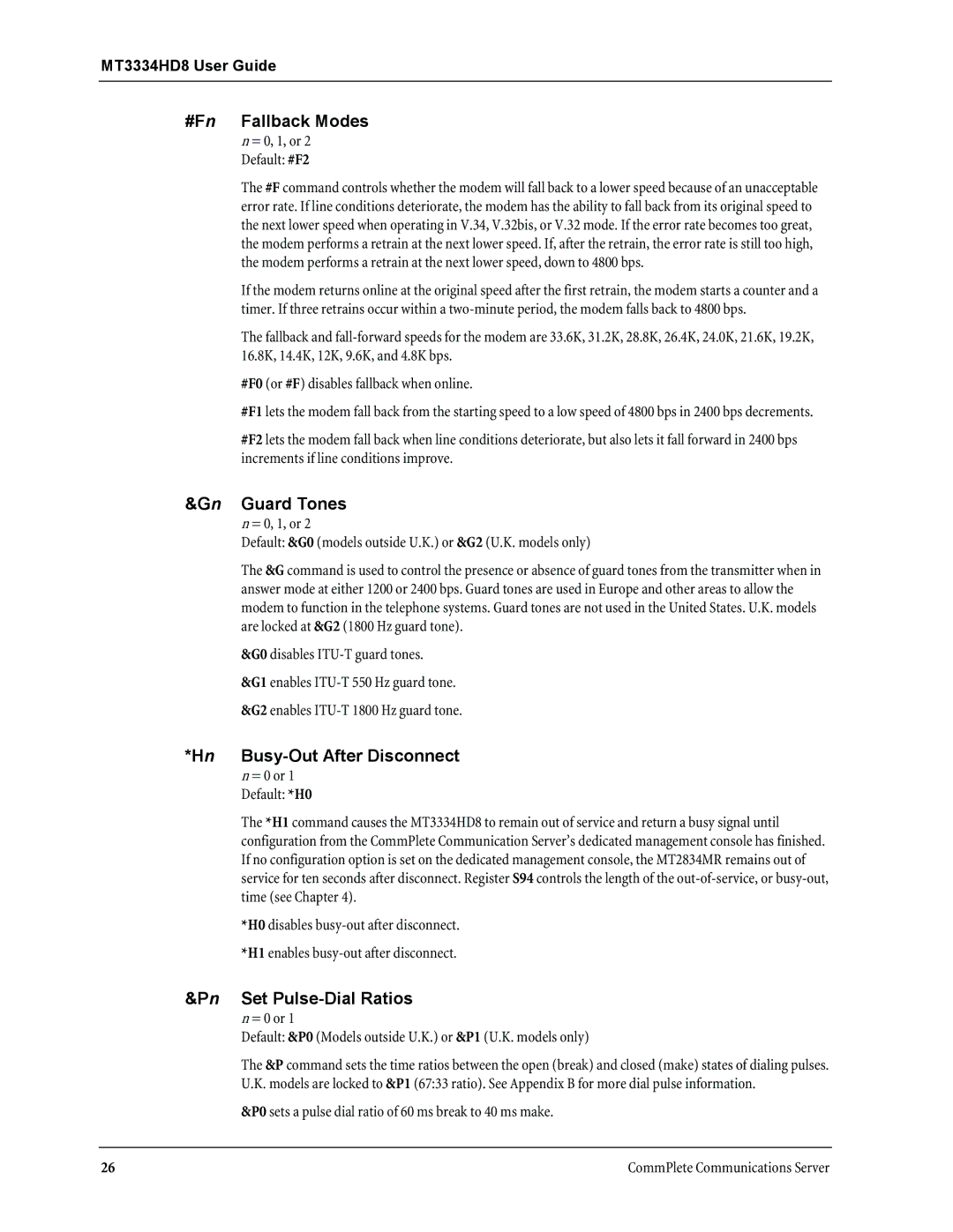 Multi-Tech Systems MT3334HD8 #Fn Fallback Modes, Gn Guard Tones, Hn Busy-Out After Disconnect, Pn Set Pulse-Dial Ratios 