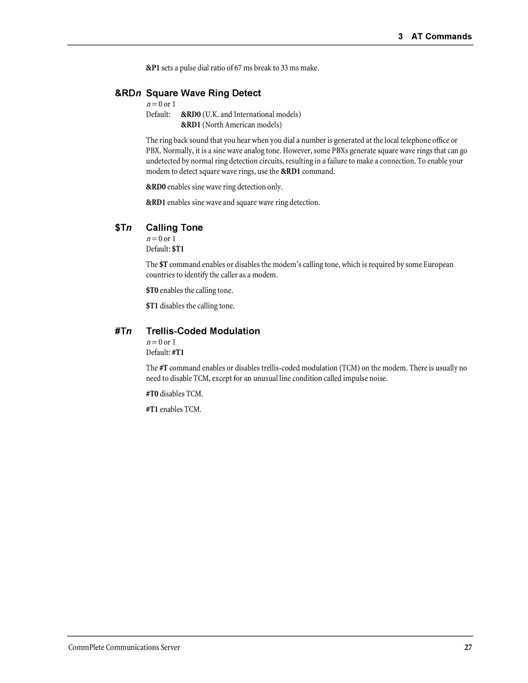 Multi-Tech Systems MT3334HD8 manual RDn Square Wave Ring Detect, $Tn Calling Tone, #Tn Trellis-Coded Modulation 