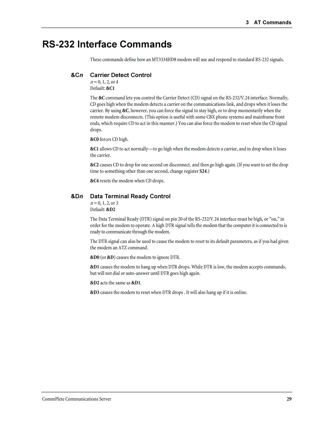 Multi-Tech Systems MT3334HD8 manual RS-232 Interface Commands, Cn Carrier Detect Control, Dn Data Terminal Ready Control 