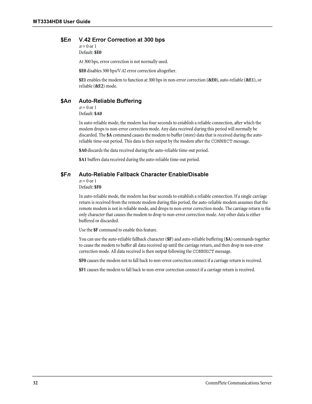 Multi-Tech Systems MT3334HD8 manual $En V.42 Error Correction at 300 bps, $An Auto-Reliable Buffering 