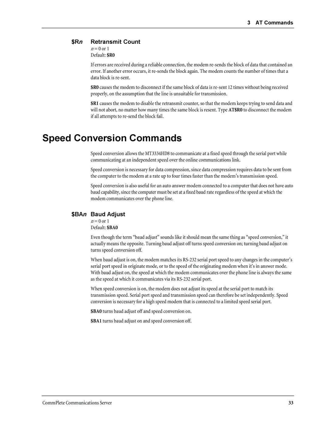 Multi-Tech Systems MT3334HD8 manual Speed Conversion Commands, $Rn Retransmit Count, $BAn Baud Adjust 