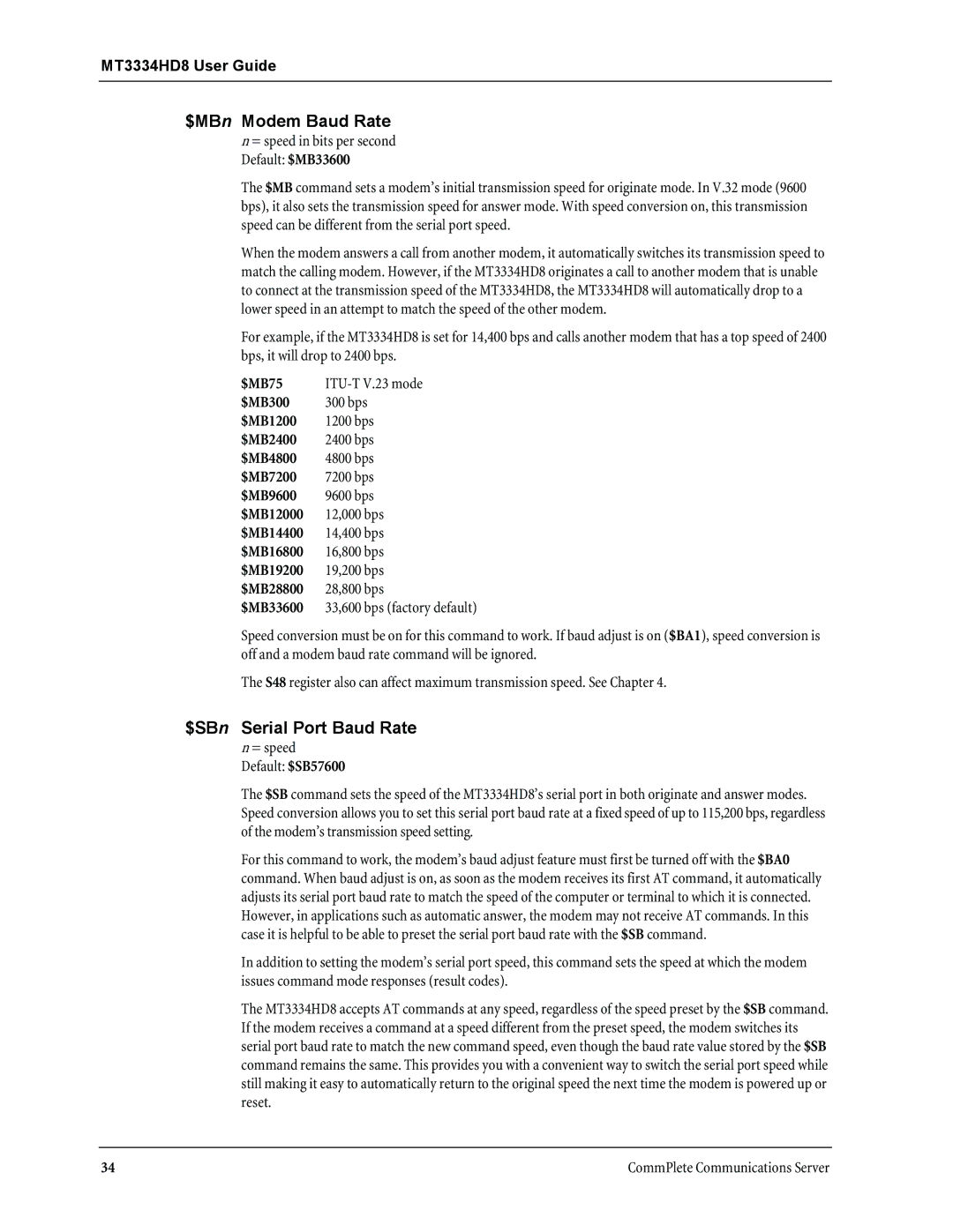 Multi-Tech Systems MT3334HD8 manual $MBn Modem Baud Rate, $SBn Serial Port Baud Rate 