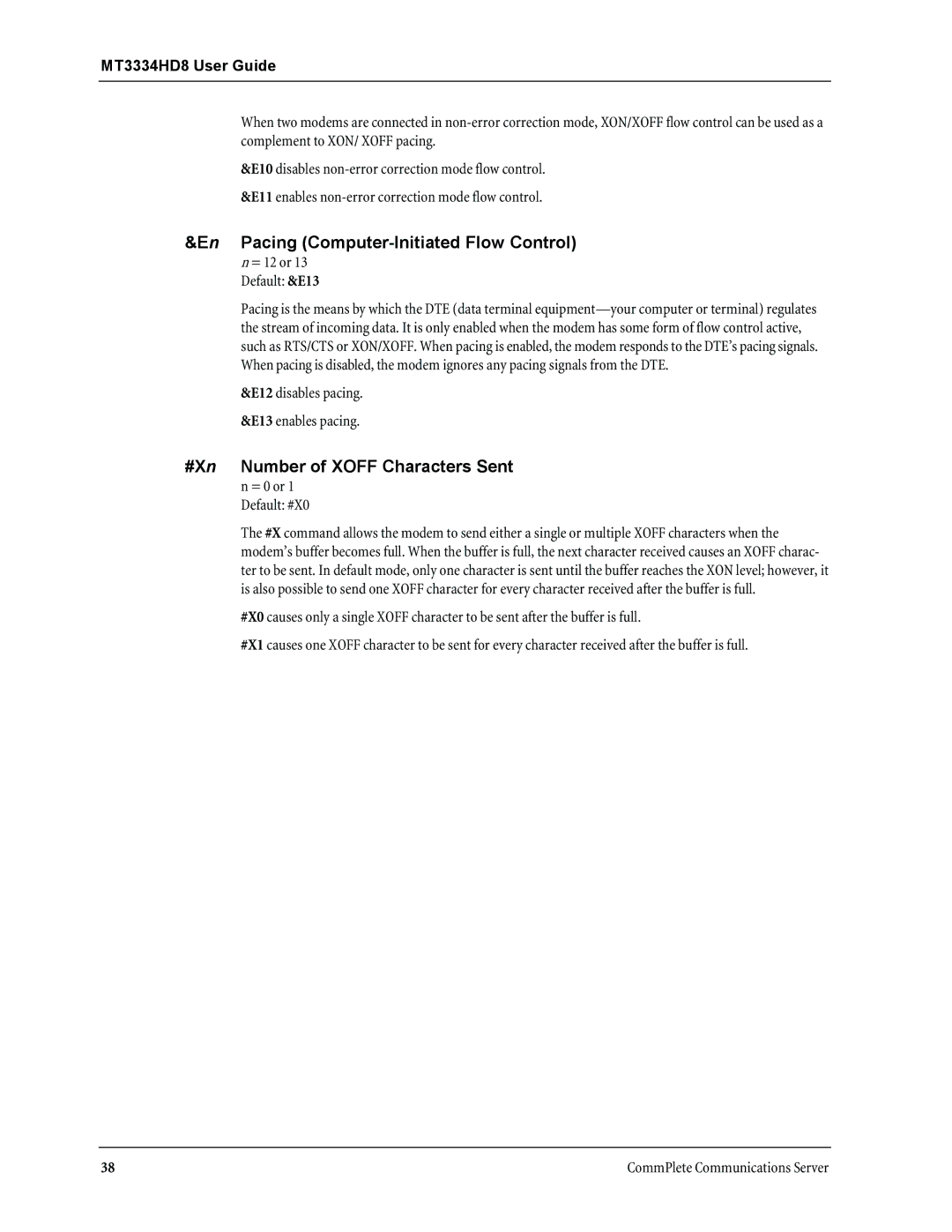 Multi-Tech Systems MT3334HD8 manual En Pacing Computer-Initiated Flow Control, #Xn Number of Xoff Characters Sent 