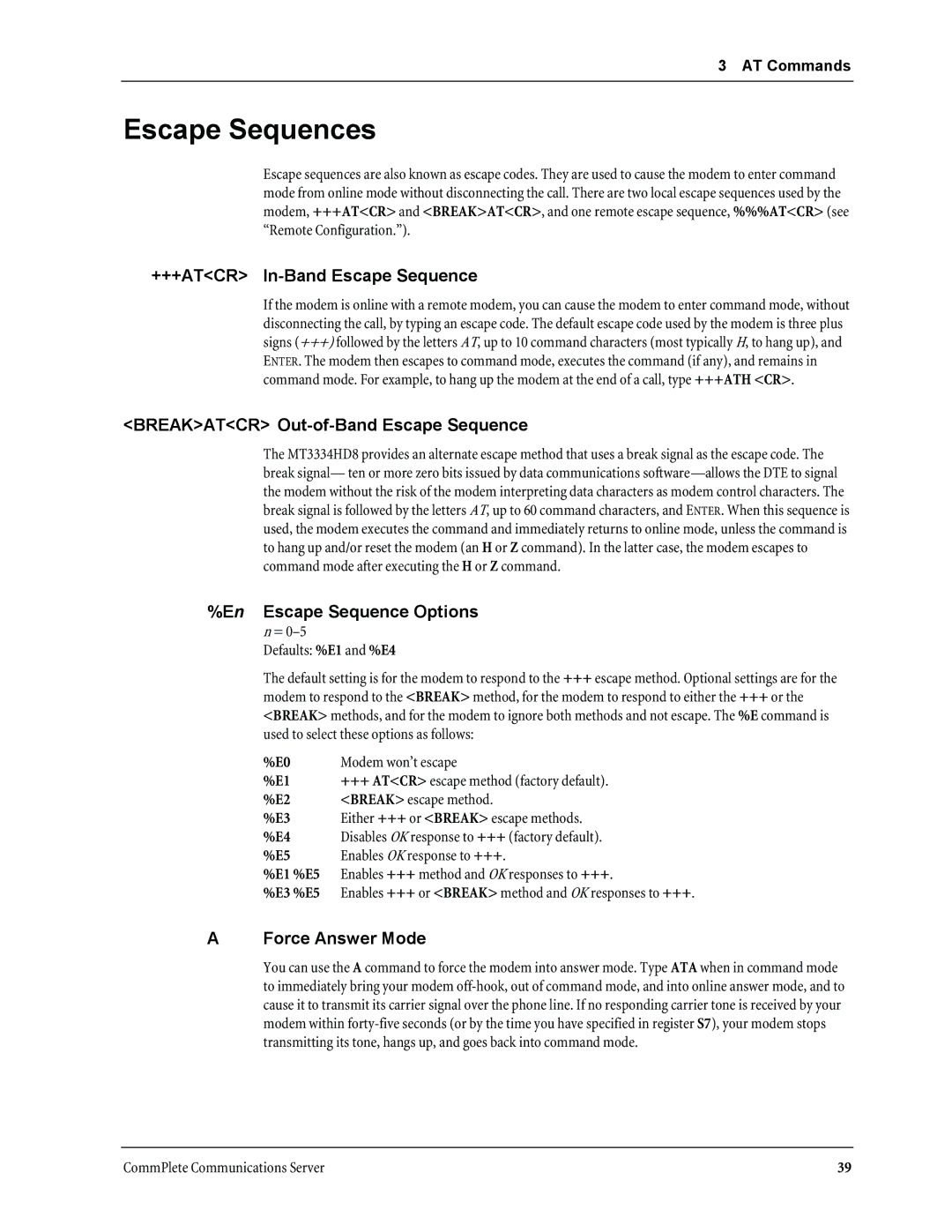 Multi-Tech Systems MT3334HD8 Escape Sequences, +++ATCR In-Band Escape Sequence, Breakatcr Out-of-Band Escape Sequence 