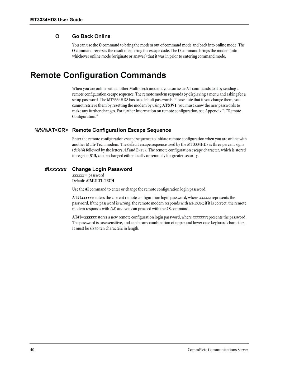 Multi-Tech Systems MT3334HD8 Remote Configuration Commands, Go Back Online, Atcr Remote Configuration Escape Sequence 